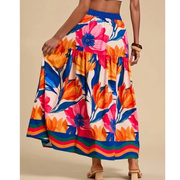 Boho Floral Tropcial Print Stretchy Waist Maxi Skirt